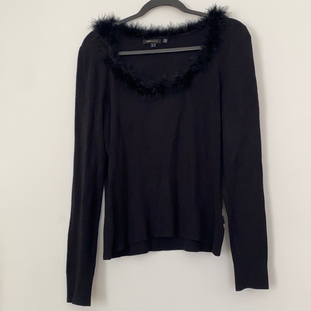 BCBG Maxazria size large black feathered long sleeve top